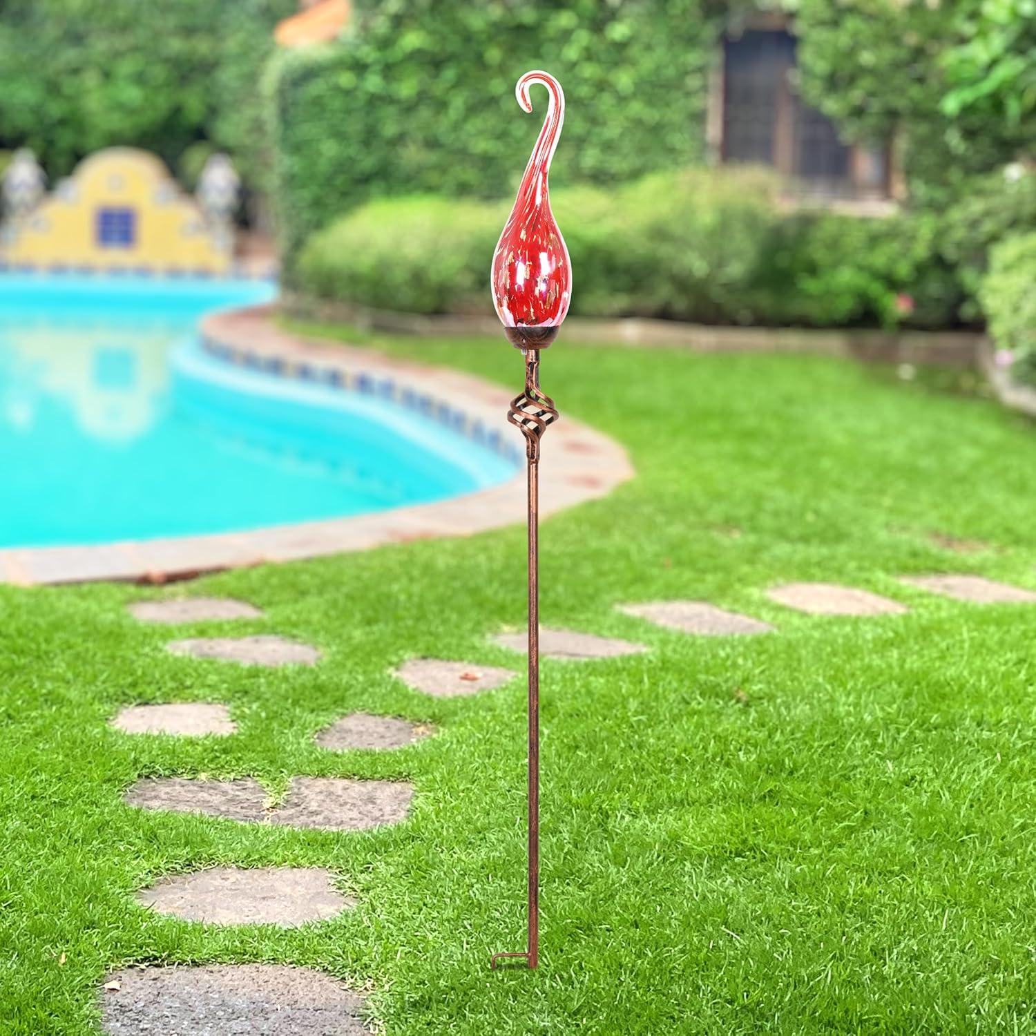 Exhart Solar Hand Blown Pearlized Glass Spiral Flame Garden Stake with Metal Finial Detail, 36 Inch