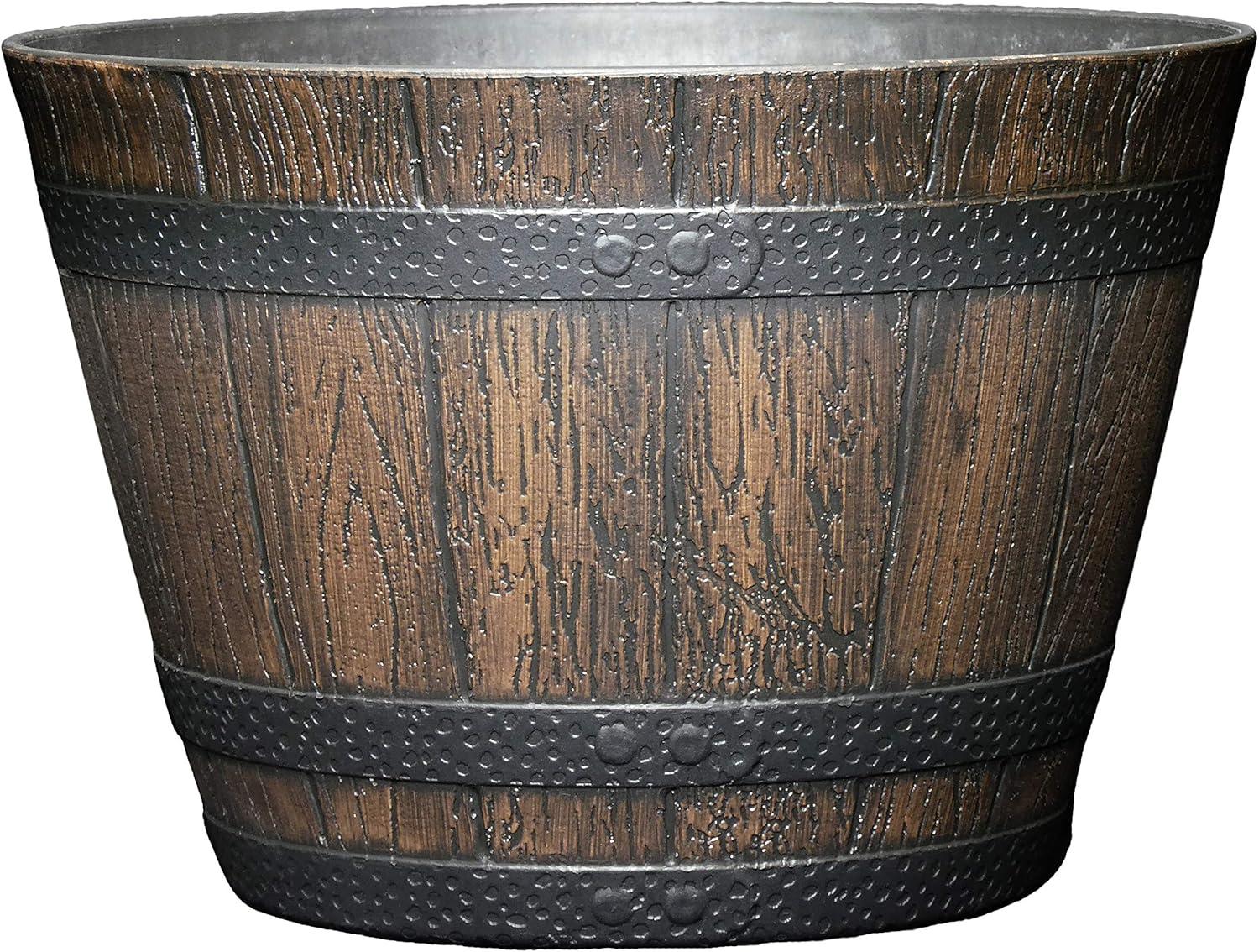 Classic Home and Garden Indoor/Outdoor Round Whiskey Resin Flower Pot Barrel Planter, Walnut Brown, 9"