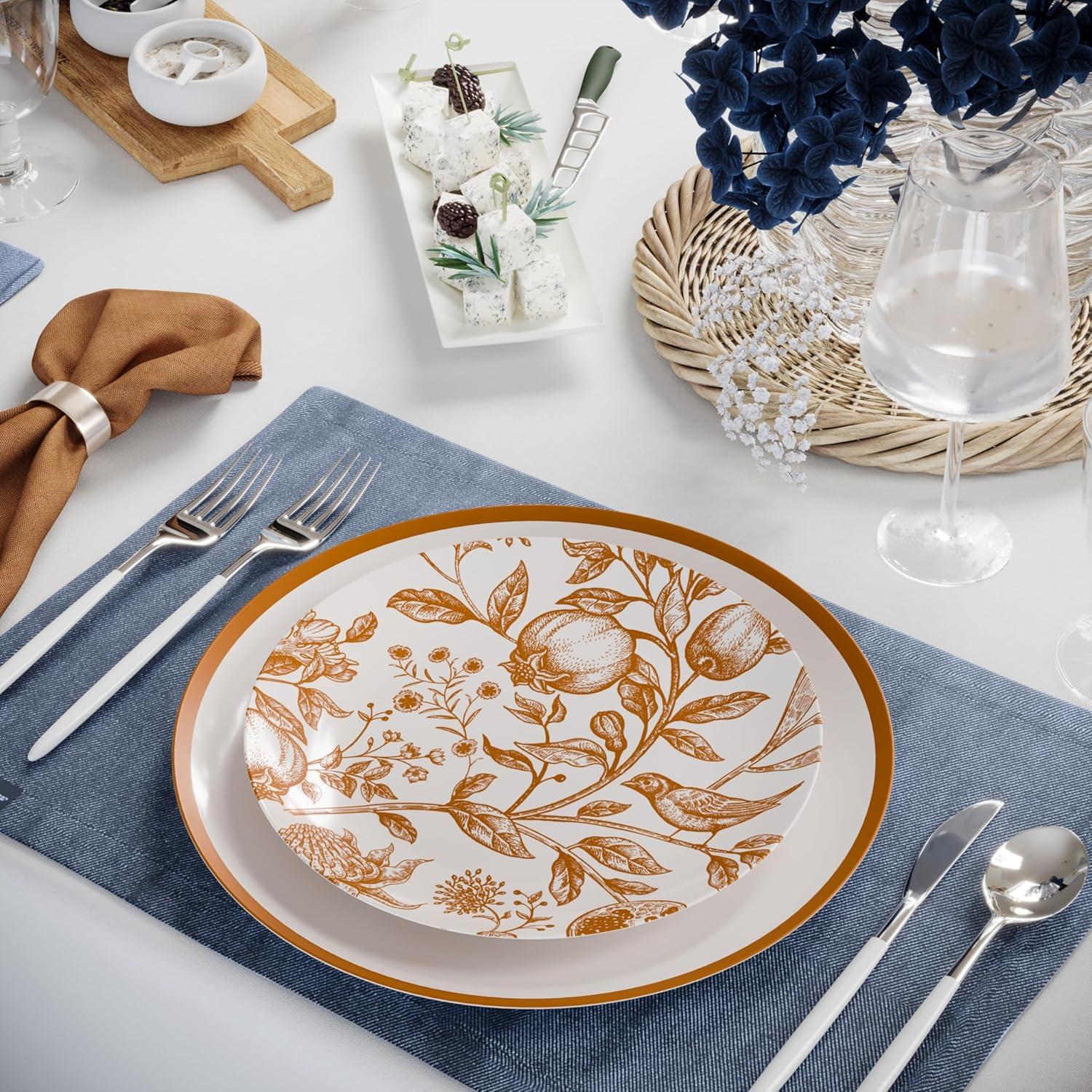 Trendables Plastic Disposable Plate Set 40 x 8" and 40 x 10" Brown and White Thanksgiving Plate with Pomegranate Design