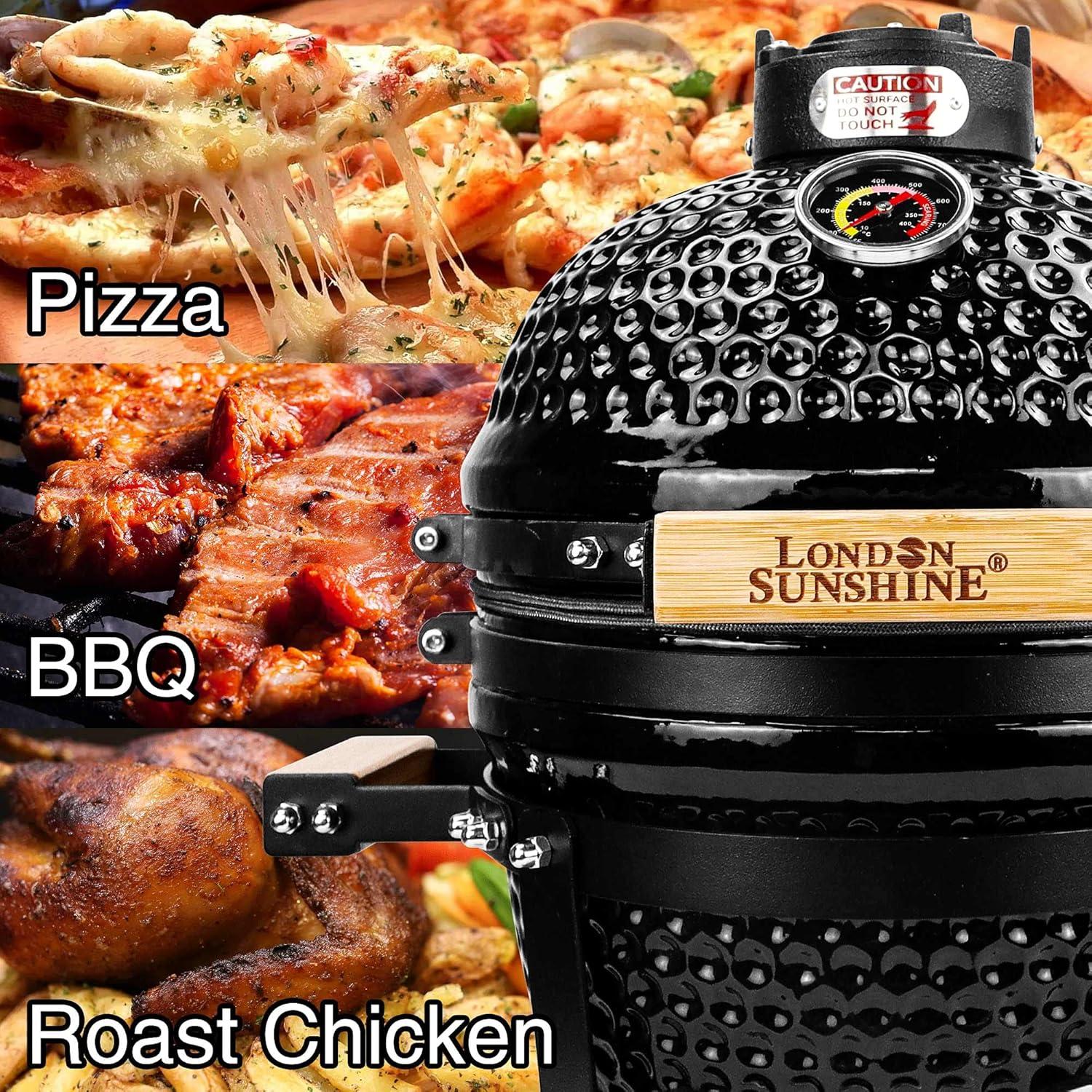 Ceramic BBQ Charcoal Kamado Grill 13 inch Portable Tabletop BBQ Grill with Stainless Steel Grates Black, Black
