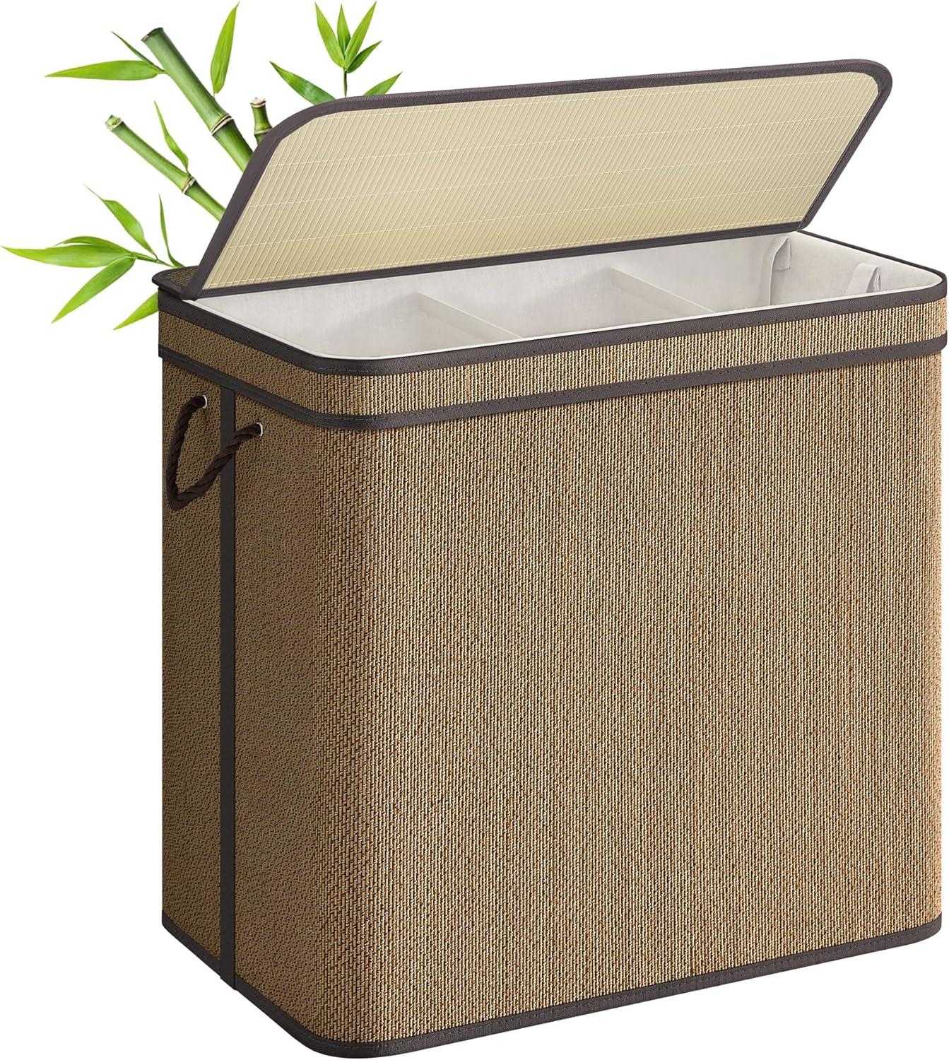 100L Laundry Hamper with Lid Bamboo Laundry Basket with Liner Bag Foldable Storage Hamper with Handles Gray
