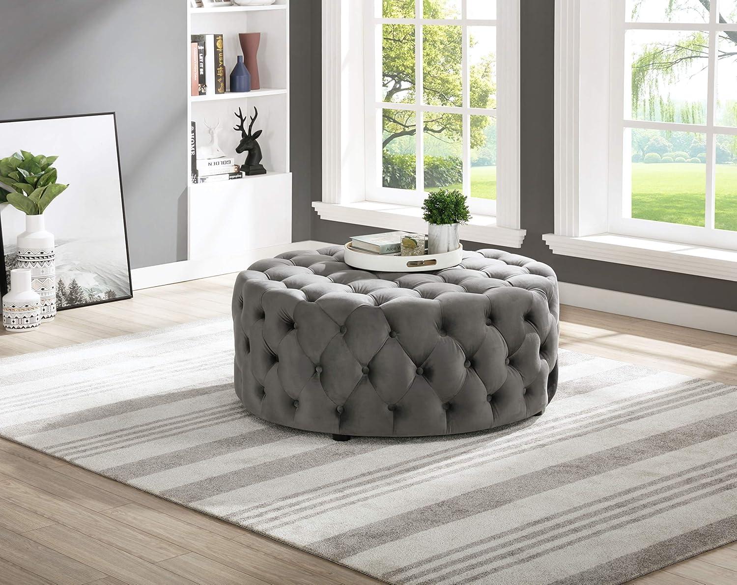 Best Master Furniture Anderson 40" Round Velvet Fabric Ottoman in Gray