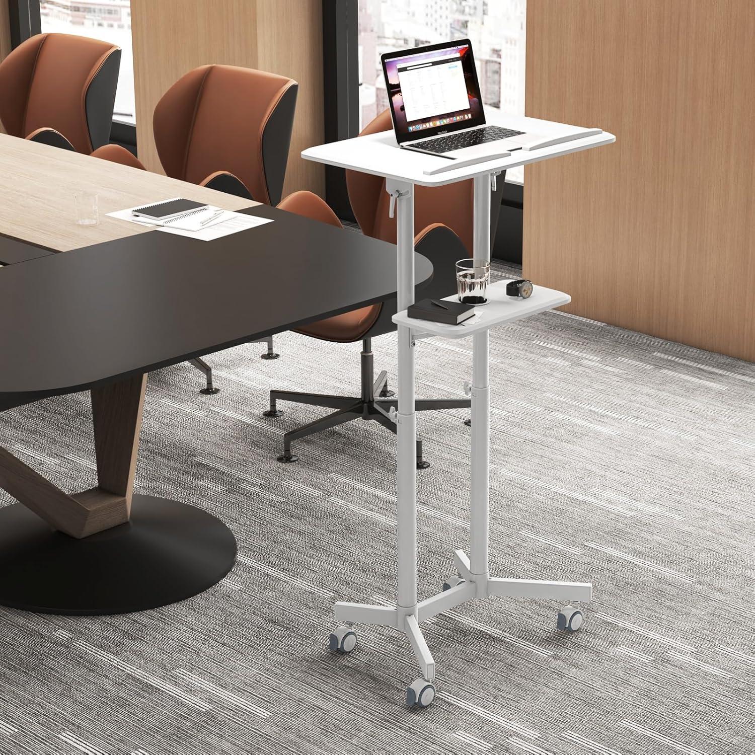 Giantex Mobile Laptop Podium, Height Adjustable Standing Desk with Storage Tray, Tilting Desktop, Home Office Classroom Pulpit Stand Up Desk, Rolling Laptop Cart Lecterns & Podiums for Church, White