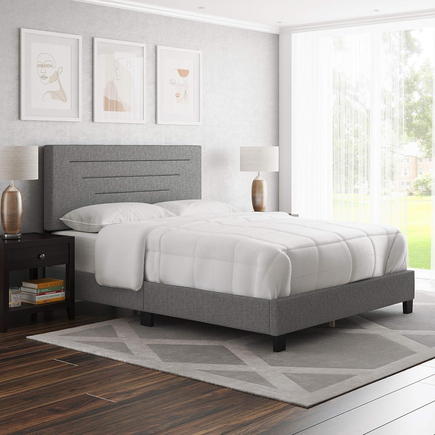 Gray Linen Upholstered Queen Platform Bed with Headboard