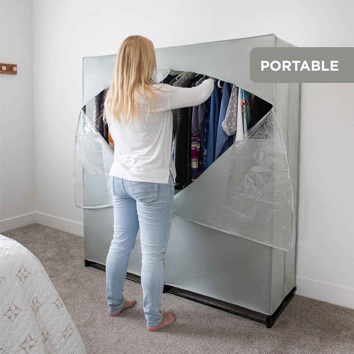 HOLDN’ STORAGE Portable Wardrobe Closet, Large - Premium Heavy Duty Metal Hanging Rod with Black Cover- 50 Lb. Weight Capacity- Super Easy Assembly, No Tools Required