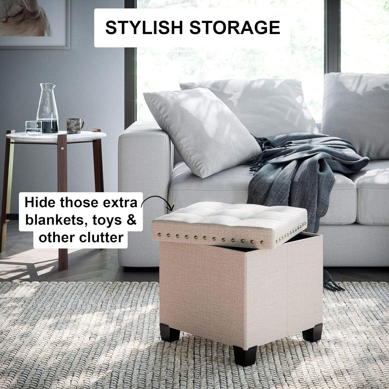 Nathan James Payton Foldable Cube Storage Ottoman Footrest and Seat with Beige Fabric