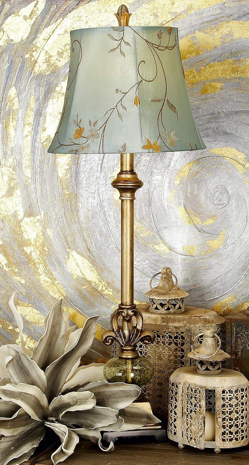 DecMode 32" Antique Style Floral Brass Buffet Lamp with Blue Linen Shade