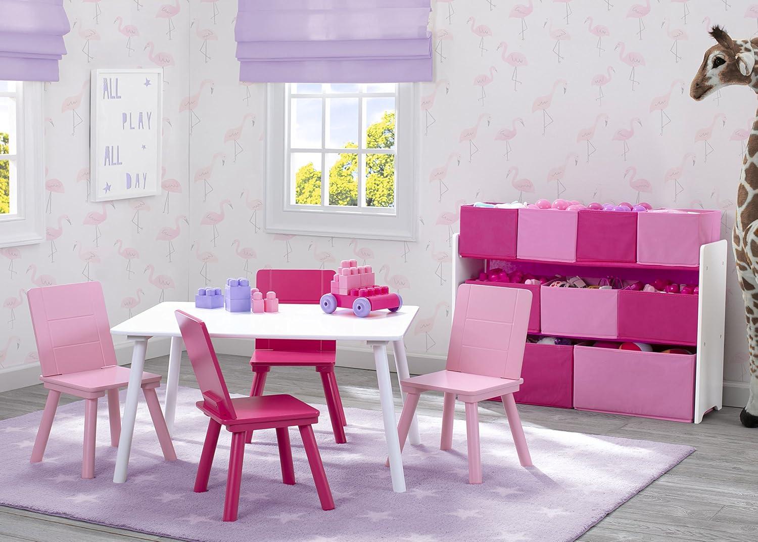 Pink and White Wooden Kids Table and Chair Set, 5-Piece