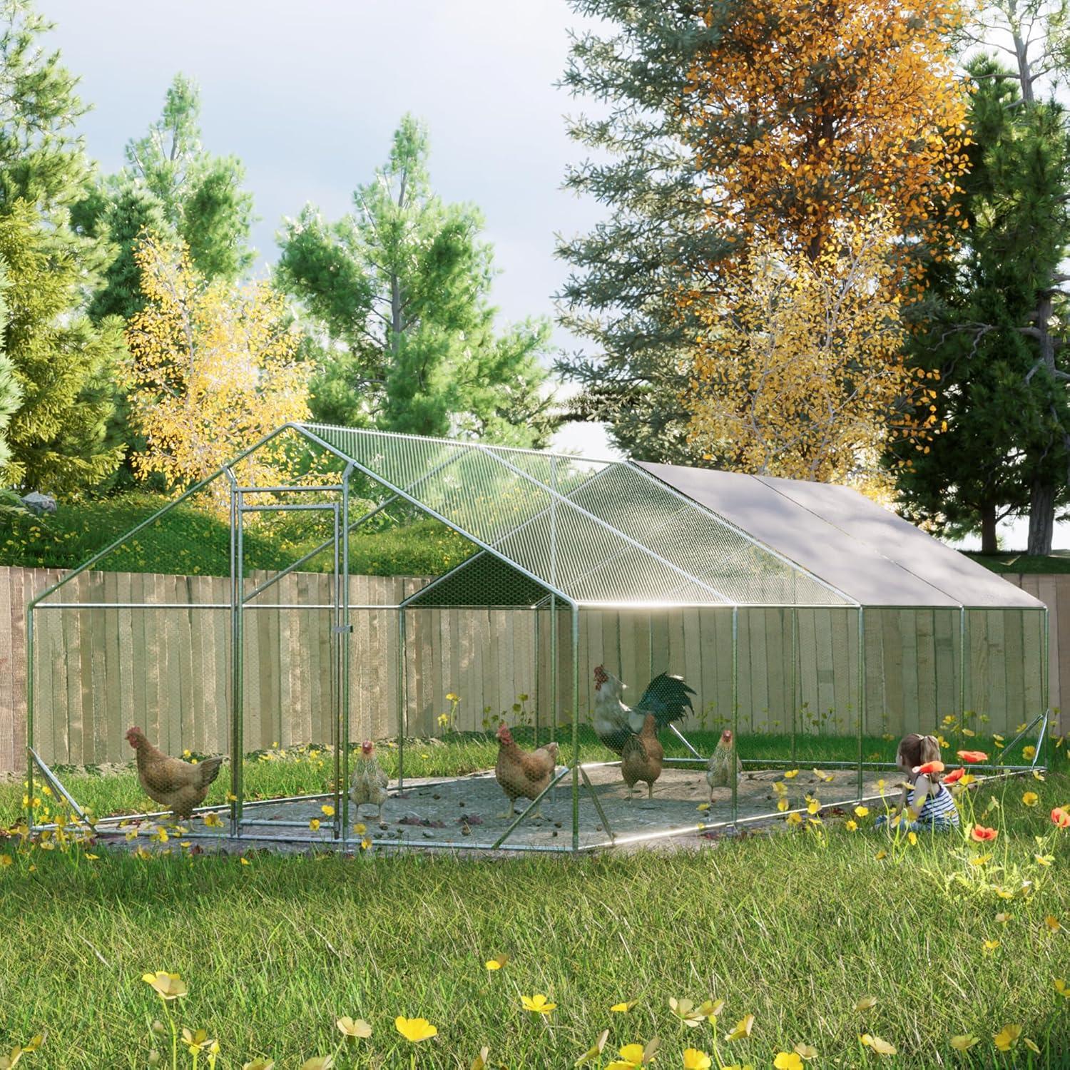 Outdoor Metal Chicken Coop Large Walk-in Poultry Cage Spire-Shaped Chicken Run with Waterproof and Anti-Ultraviolet Cover for Outside,Backyard and Farm ,13' L x 9.8' W x 6.4' H