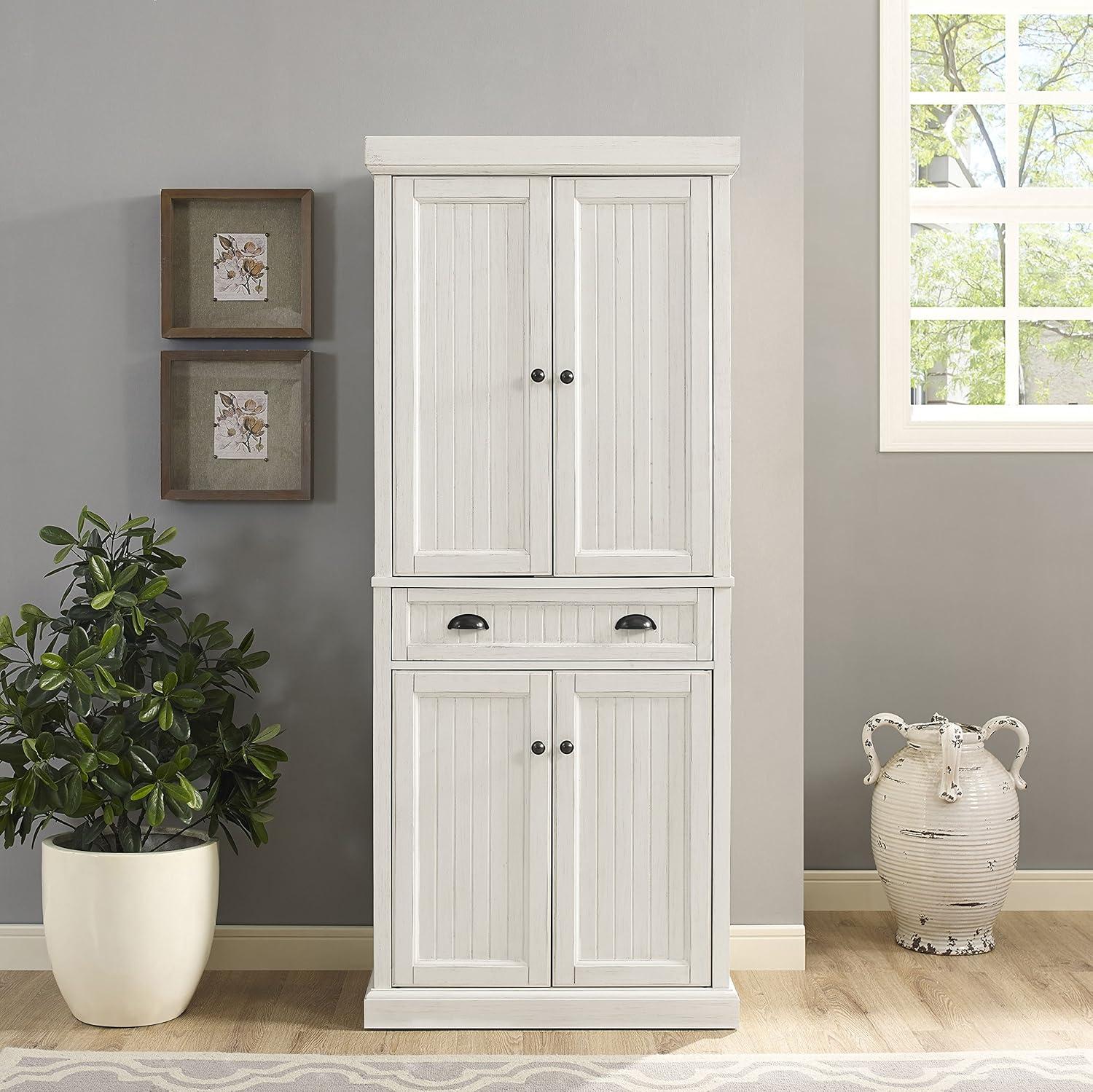 Seaside Distressed White Solid Wood Kitchen Pantry with Adjustable Shelves