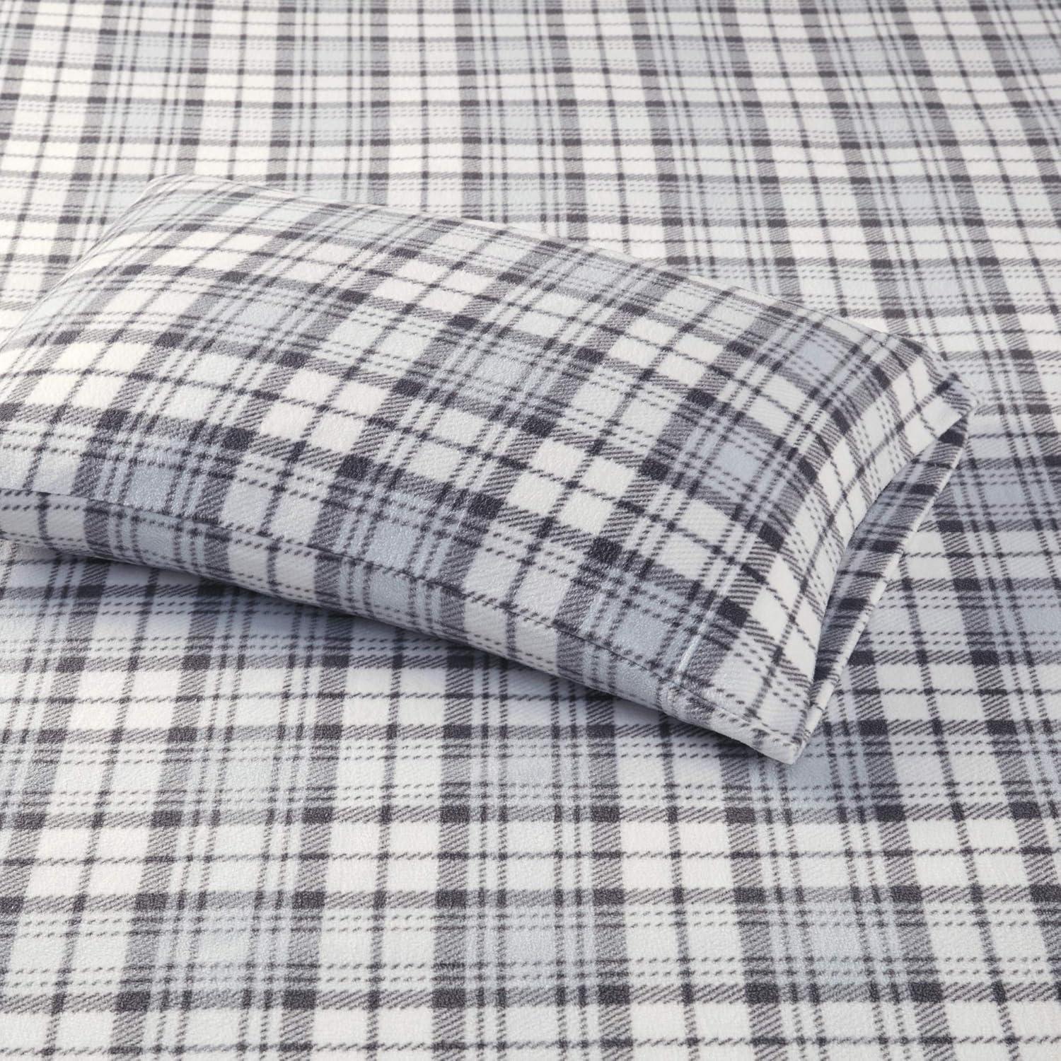 True North by Sleep Philosophy Micro Fleece Bed Sheet Set, Warm, Sheets with 14" Deep Pocket, for Cold Season Cozy Sheet-Set, Matching Pillow Case, Twin, Grey Plaid, 3 Piece