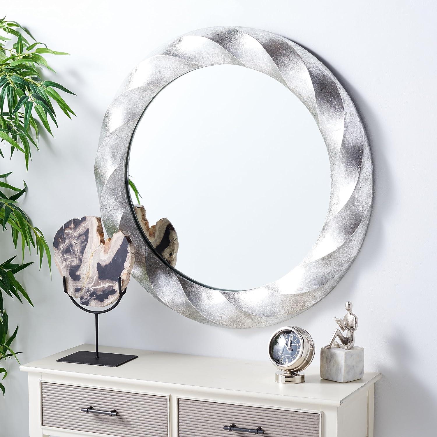 Elegant Mystic 33" Round Wood & Silver Foil Wall Mirror