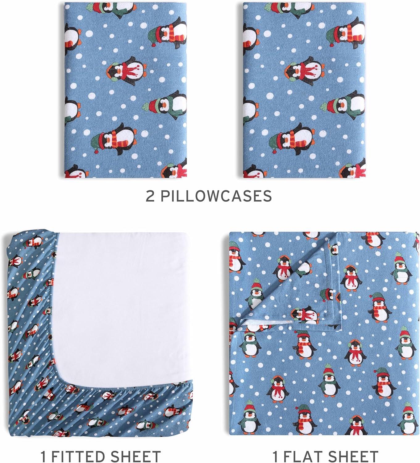 Winter Nights Cotton Flannel Sheet Set, Queen, Penguins