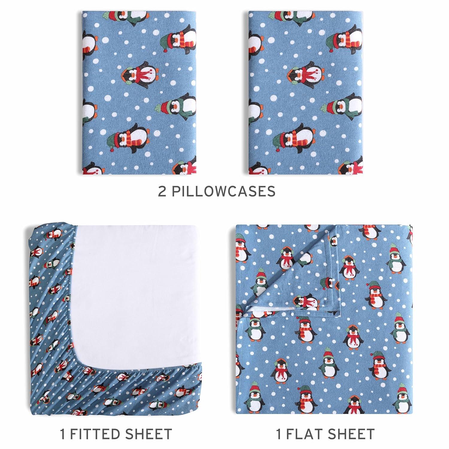 Winter Nights Cotton Flannel Sheet Set, Queen, Penguins