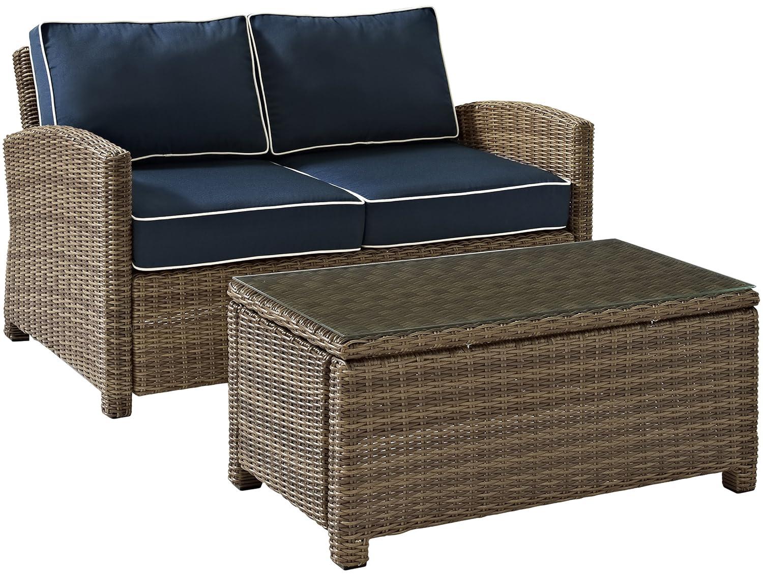 Bradenton 2pc Outdoor Wicker Conversation Set - Navy - Crosley: Steel Frame, UV-Resistant, with Coffee Table
