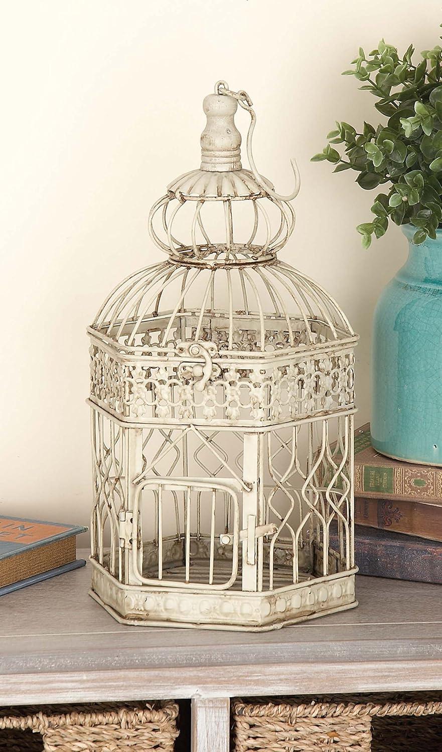 DecMode Cream Vintage Metal Birdcage with Crisscross Vertical Bars and Floral Embossed Design, Set of 2 21", 18"H