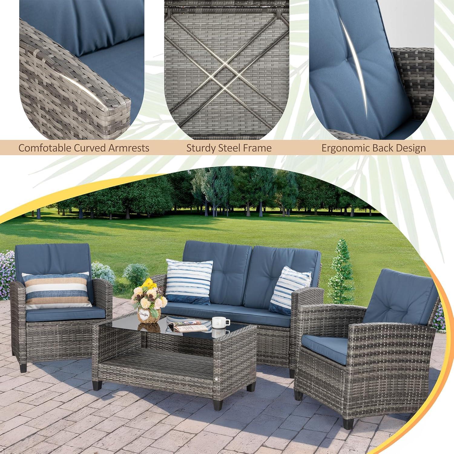 Shintenchi 4 Piece Patio Furniture Set, Outdoor Rattan Conversation Set with Coffee Table, Outside Wicker Sectional Sofa Couch with Cushion, Gray and Blue
