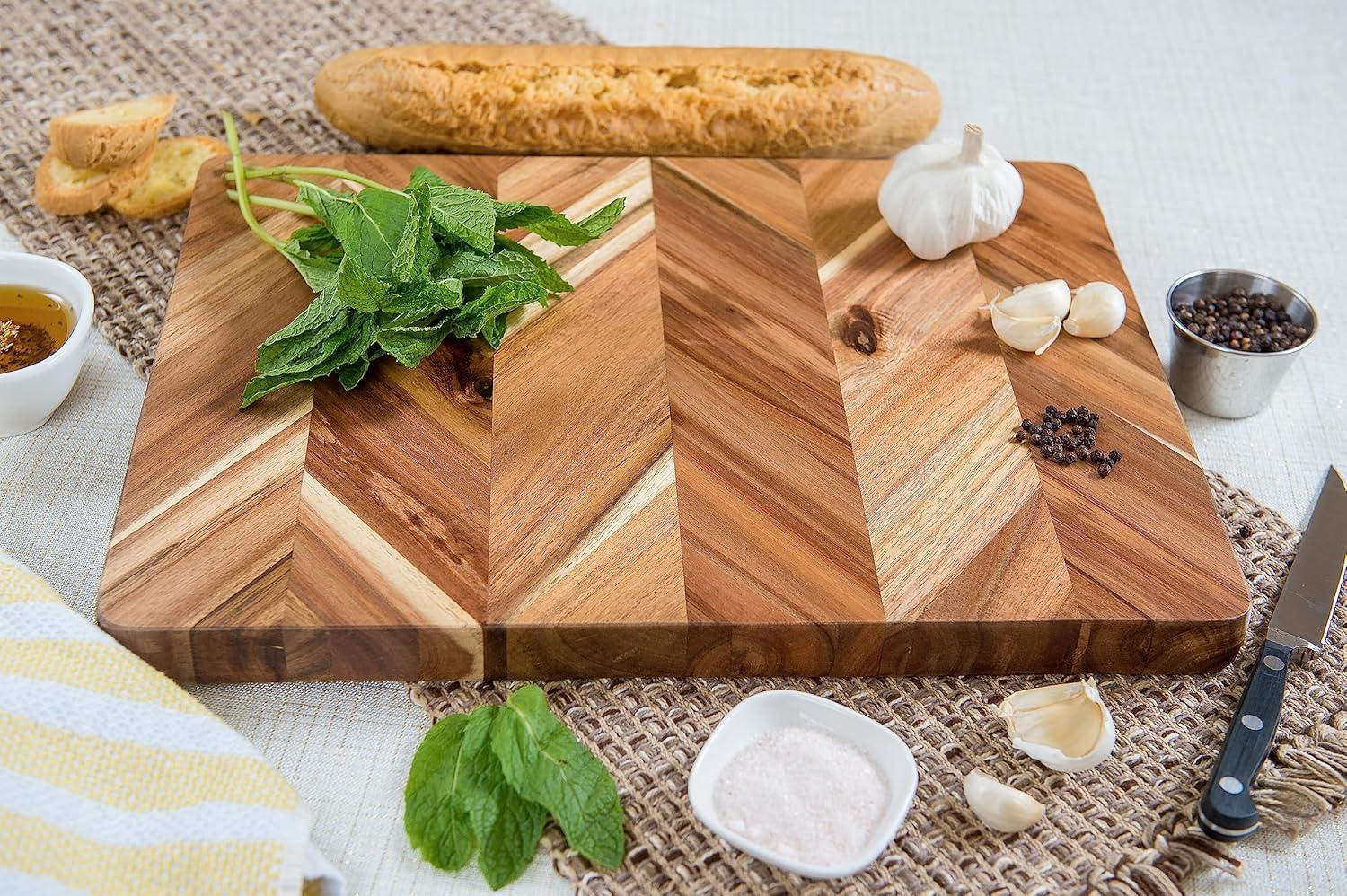 Acacia Herringbone Rectangular Cutting/Serve Board With Inset Handles And Well, Medium   ETA July