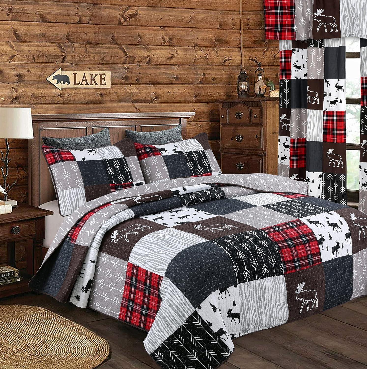 Cozy Line Home Fashions Rustic Lodge Moose Red Real Patchwork Reversible Quilt Bedding Set Queen 3 Piece