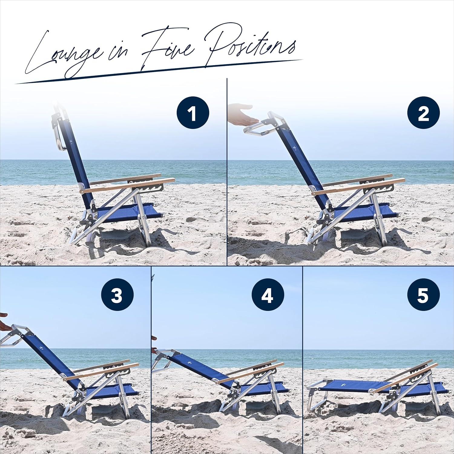 Teal 5-Position Folding Beach Chair with Wooden Armrests