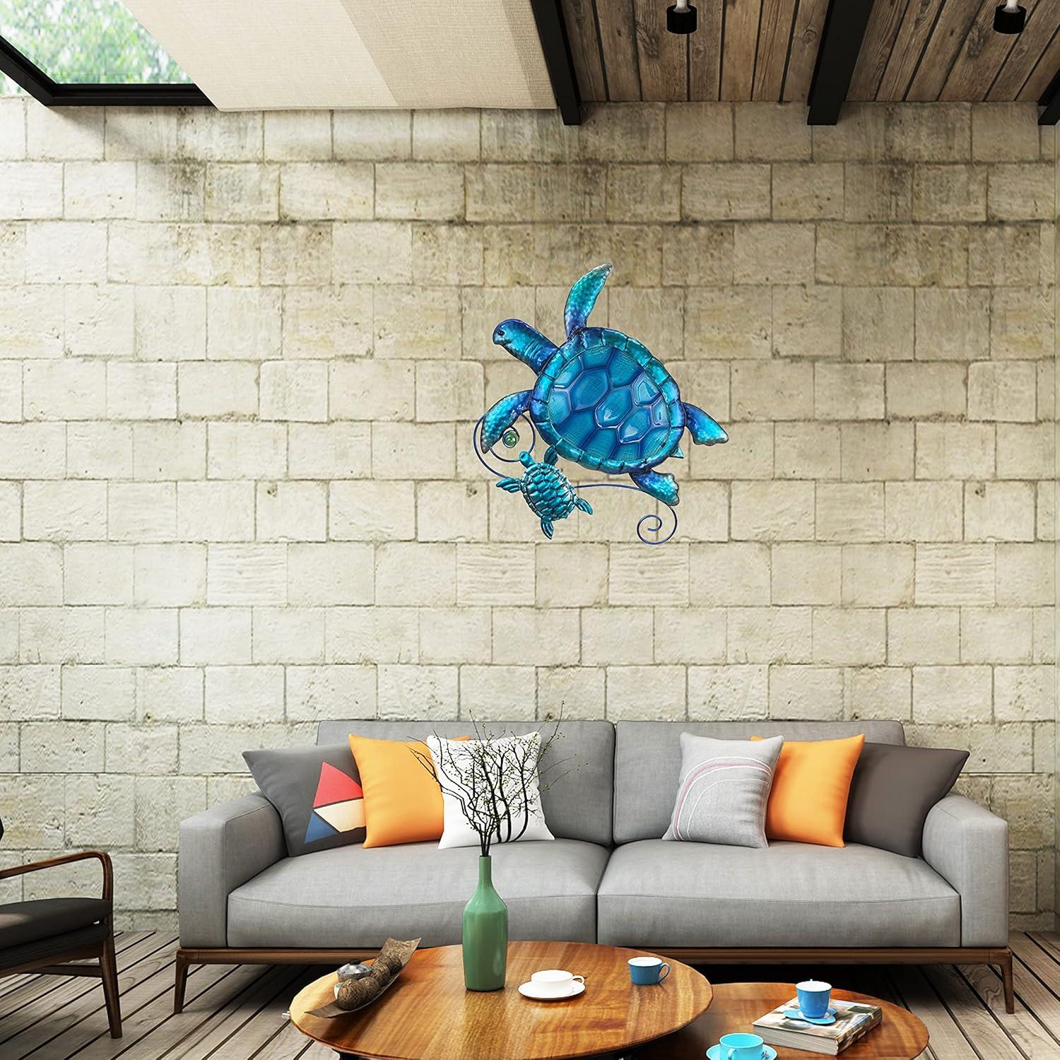 JOYBee Metal Sea Turtle Wall Art Decor Outdoor Indoor Nautical Hanging Art Blue Green Stained Glass Decorative Sculpture for Garden Pool Patio Balcony Kitchen or Bathroom(12.5 * 11inch)