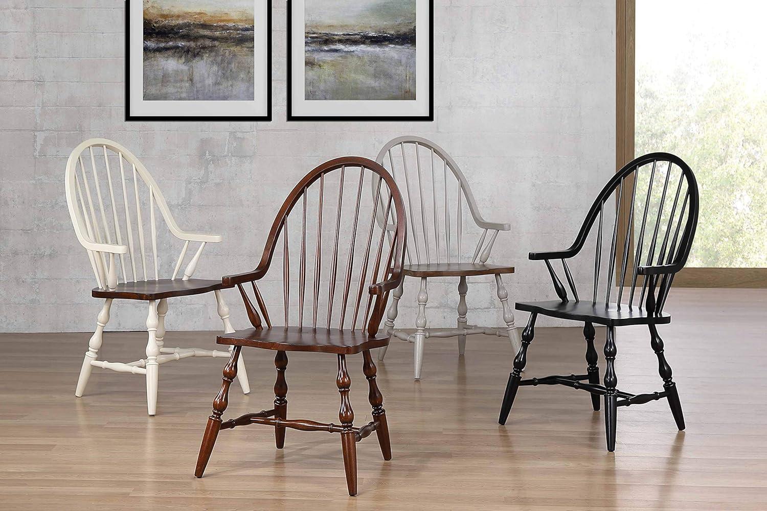 Sunset Trading Black Cherry Selections Windsor Spindleback Dining Chair with Arms | Fully Assembled Kitchen Armchair| Modern Farmhouse Minimalist Country Cottage | Antique Black Solid Wood