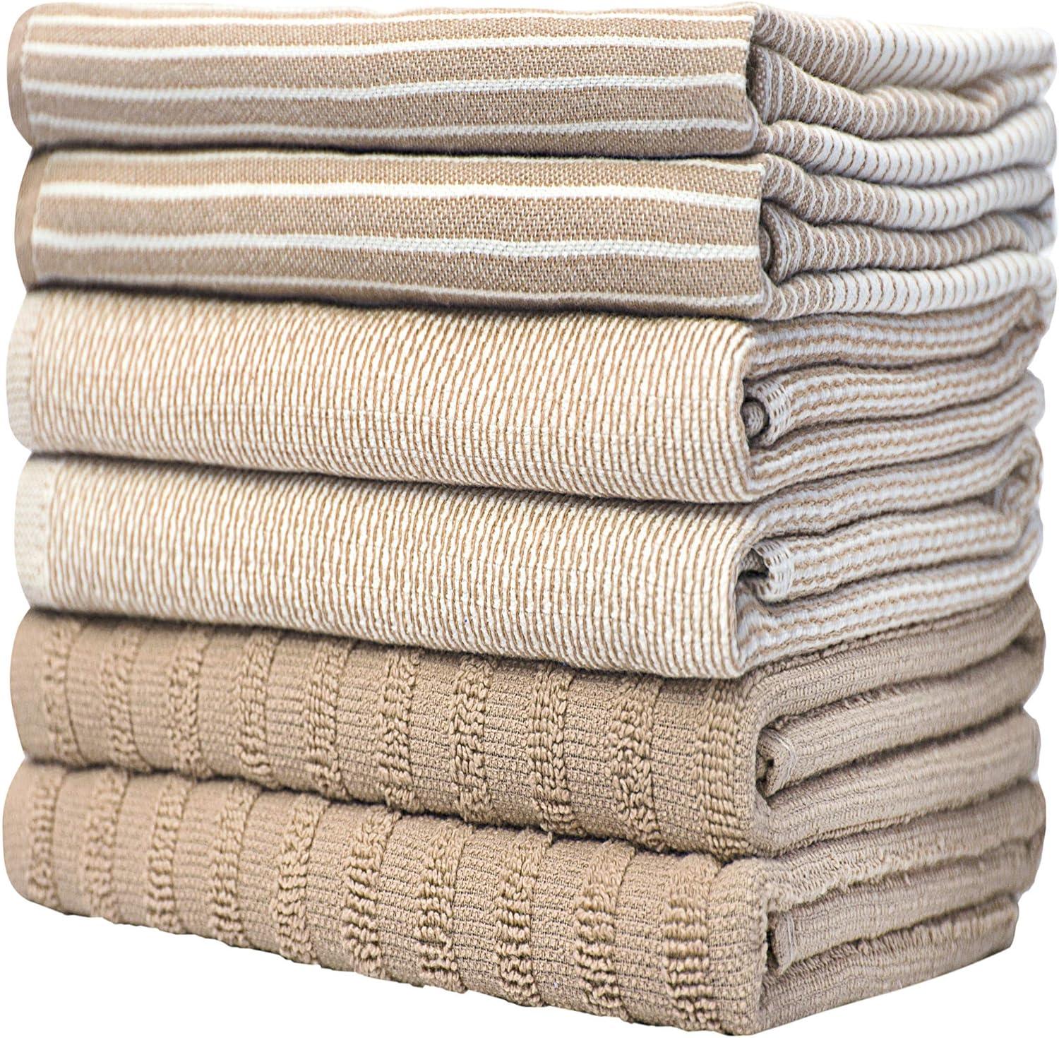 Bumble Towels Premium Kitchen Towels (20”x 28”, 6pc Pack) – Large Cotton Kitchen Hand Towels – Flat & Terry Towel – Highly Absorbent Tea Towels Set with Hanging Loop (Tan)