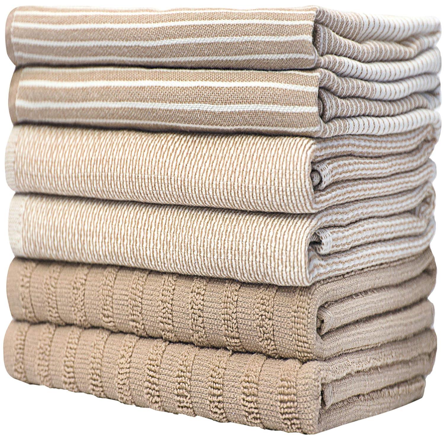Bumble Towels Premium Kitchen Towels (20”x 28”, 6pc Pack) – Large Cotton Kitchen Hand Towels – Flat & Terry Towel – Highly Absorbent Tea Towels Set with Hanging Loop (Tan)