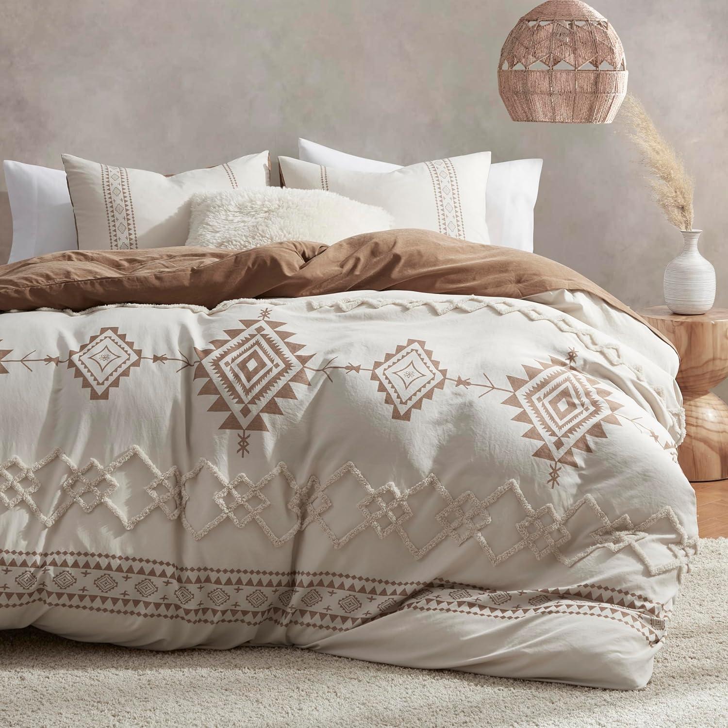Oli Anderson Boho Duvet Cover Set Queen Size, Beige and Terracotta Color Clash 3 Pieces Microfiber Bedding Set, Durable and Super Soft Duvet Covers with Zipper and Ties, 90"*90"