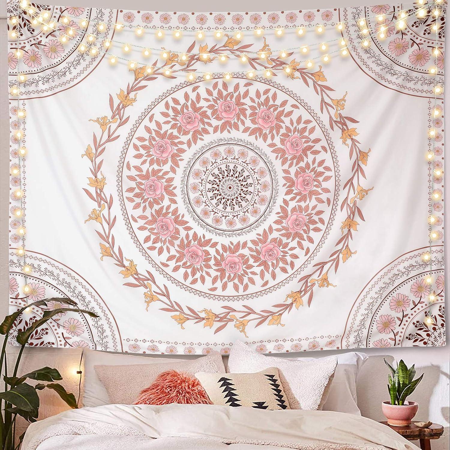 Boho Pink Floral Mandala Polyester Wall Tapestry