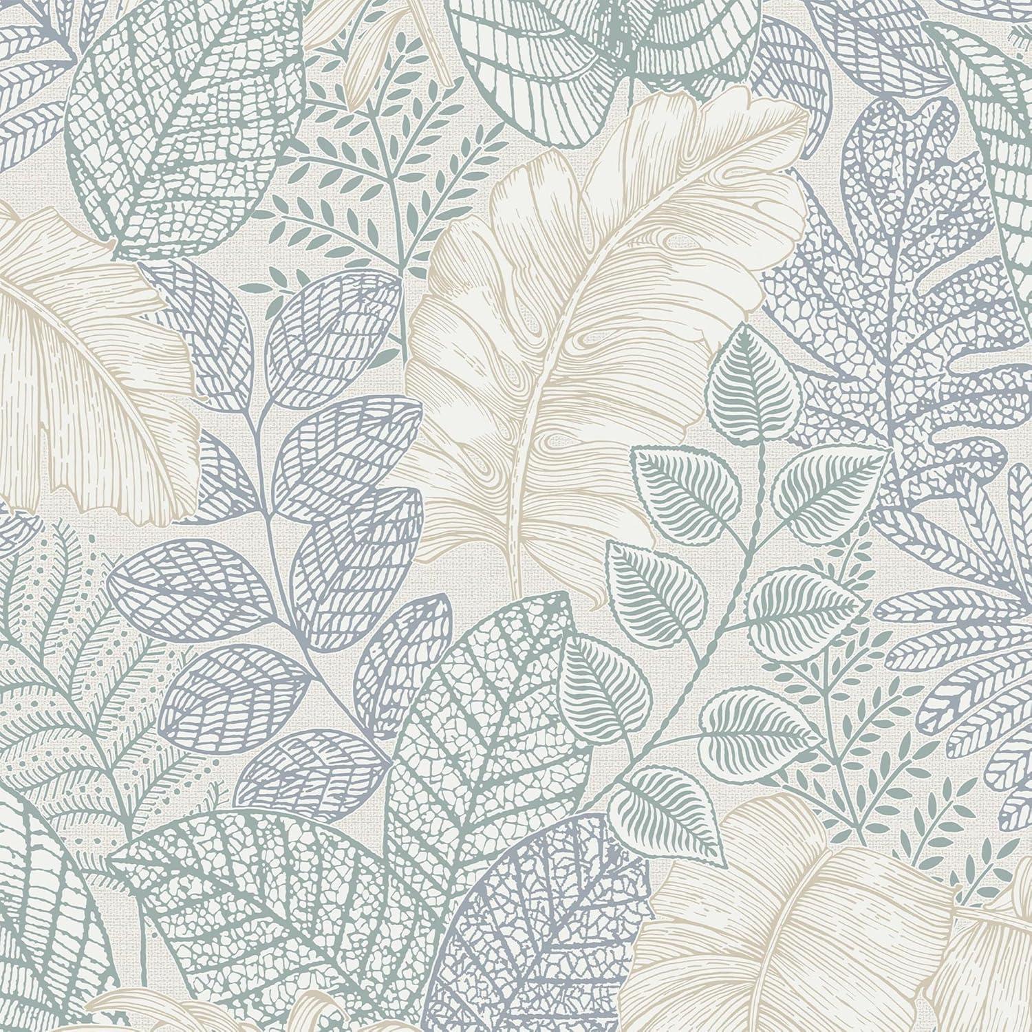 Scattered Leaves Blue and Beige Metallic Wallpaper