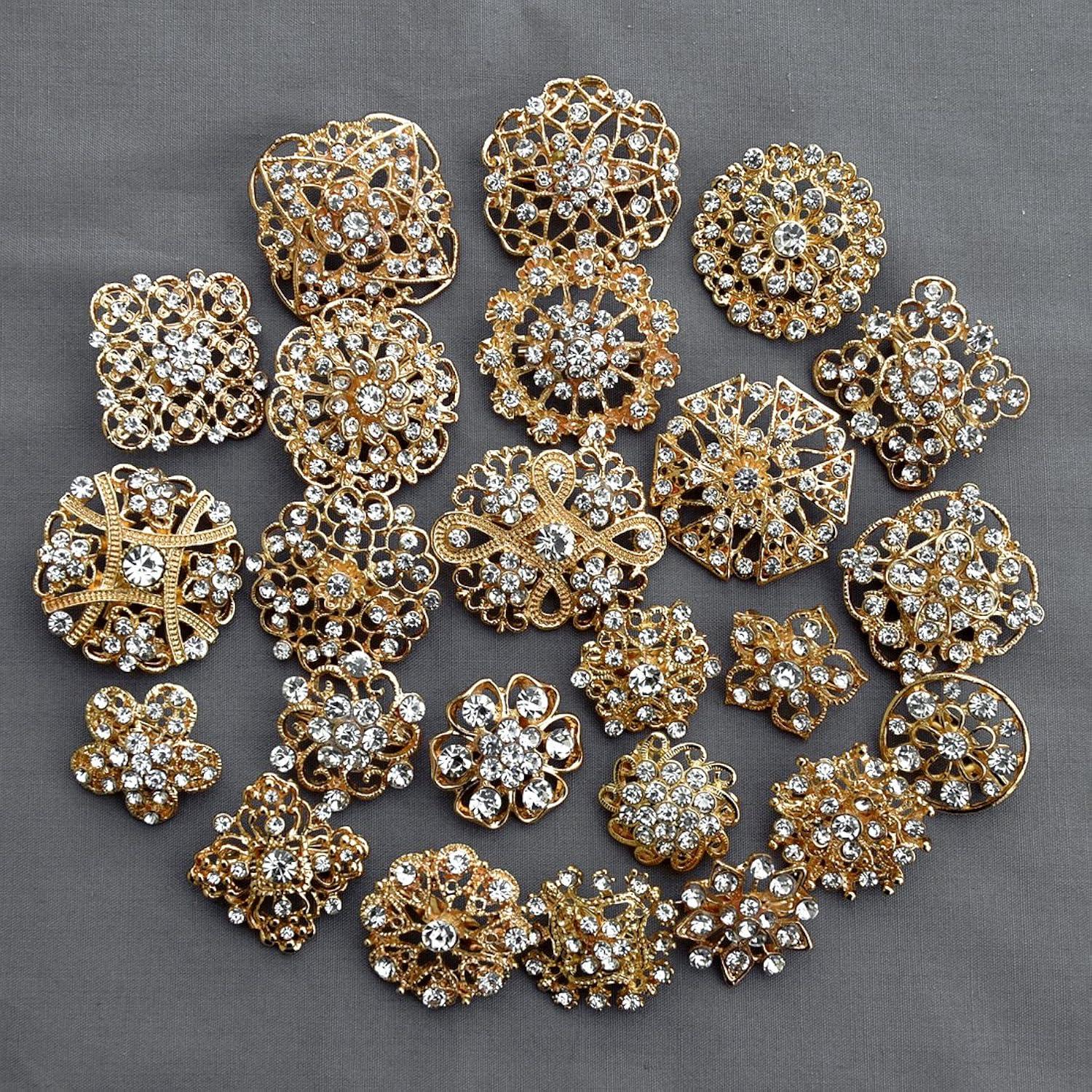 Zhouqiannn Exquisite Alloy Brooches with Rhinestones 24pc Golden Set for Wedding Bouquets and Dresses Birthday Party Event Wristbands Event Dress Party Flag Tropical Party Decorations Party Dress for