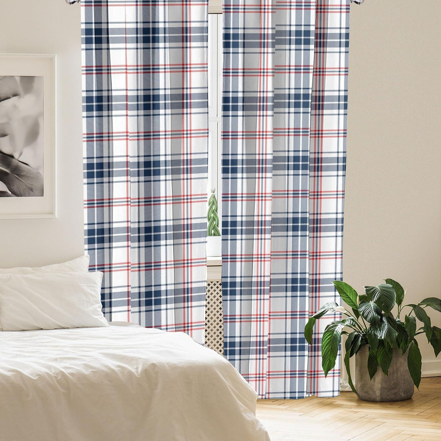 Navy and Vermilion Plaid 84" Rod Pocket Curtain Panels