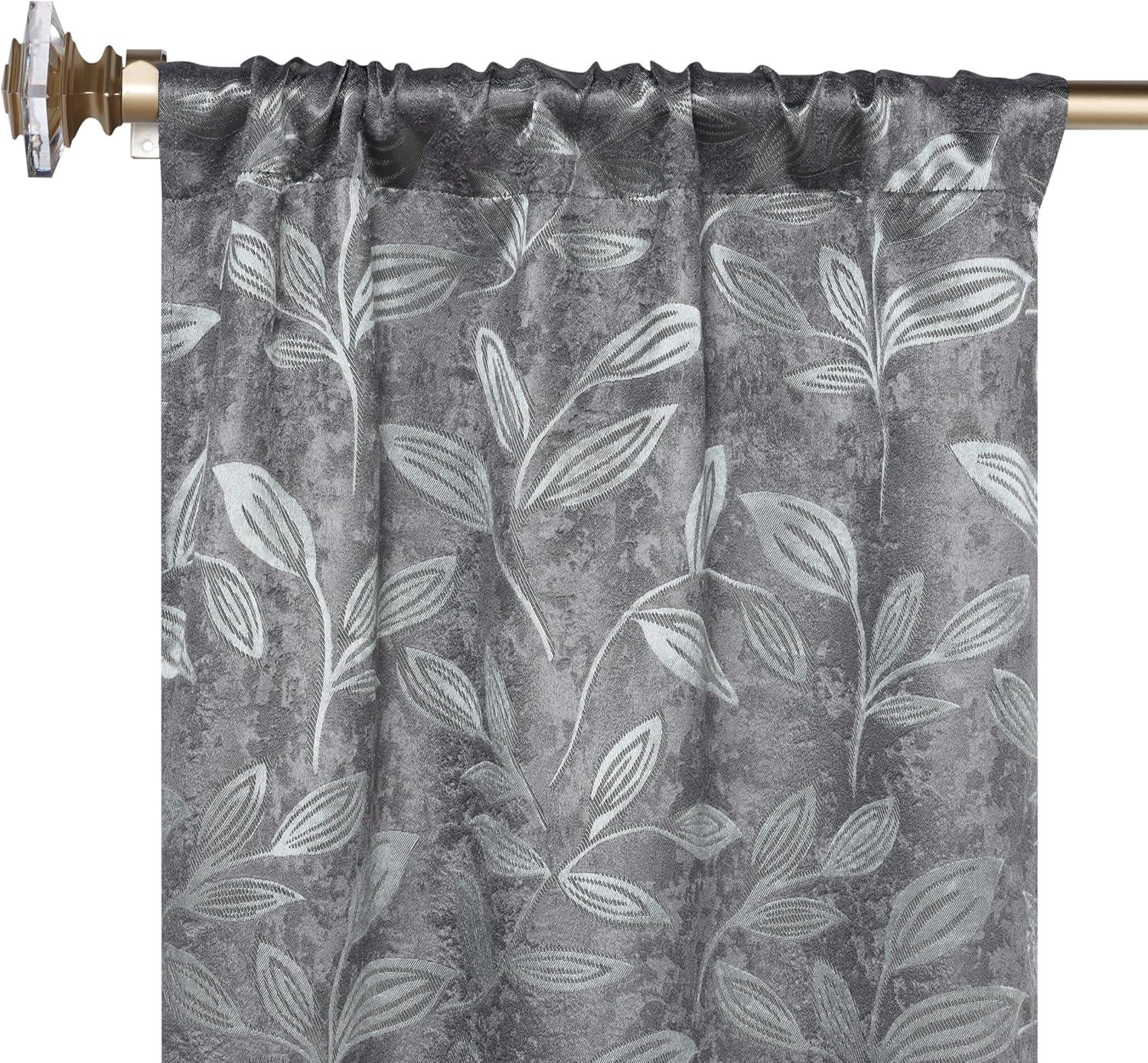 Nickel Black Polyester Blackout Curtains with Leaf Pattern, 36" x 63"