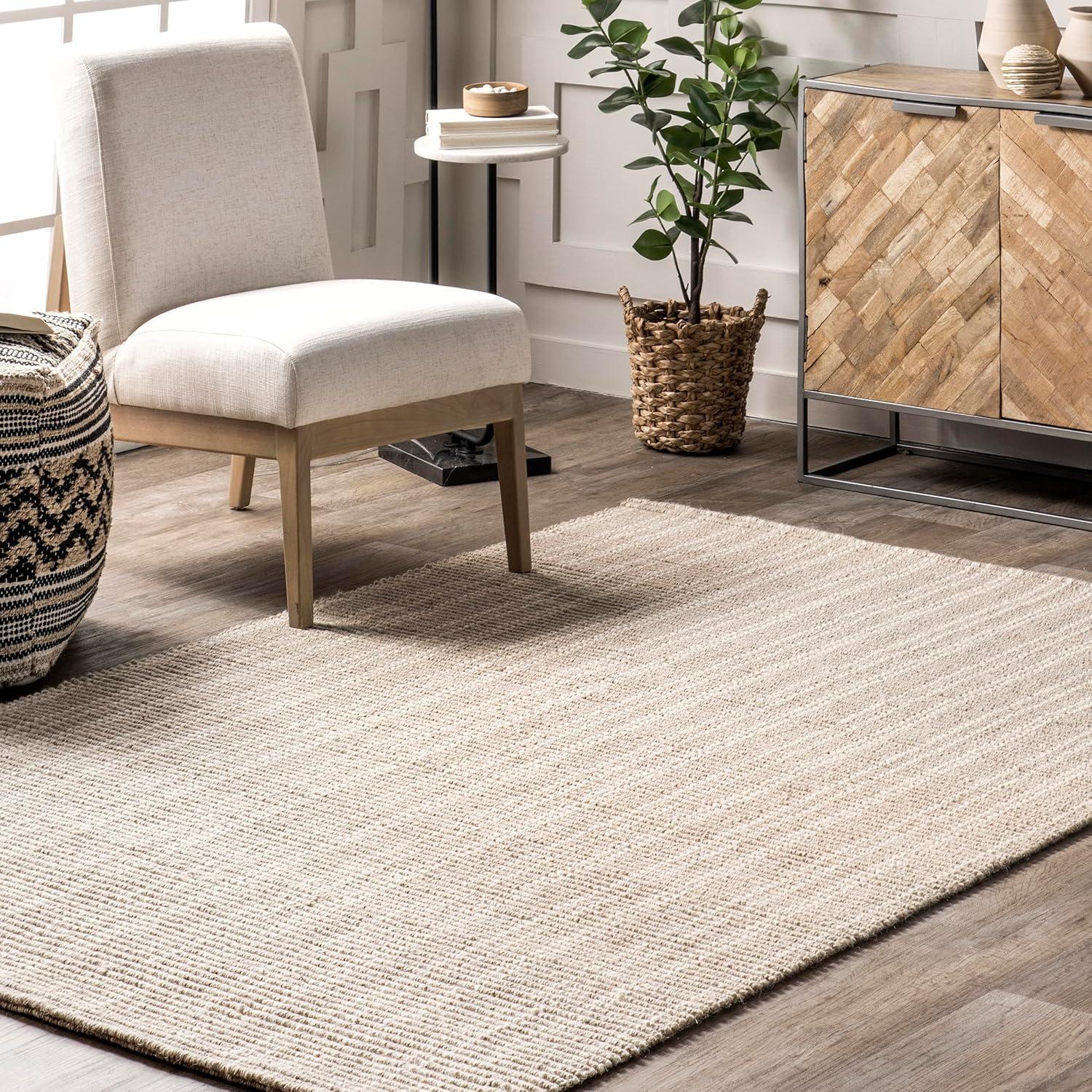 Nuloom Jolinn Striped 5x8 Wool Jute Indoor Area Rug for Dining Room Rug Neutral Rug Living Room Rug Kitchen, Natural/Ivory