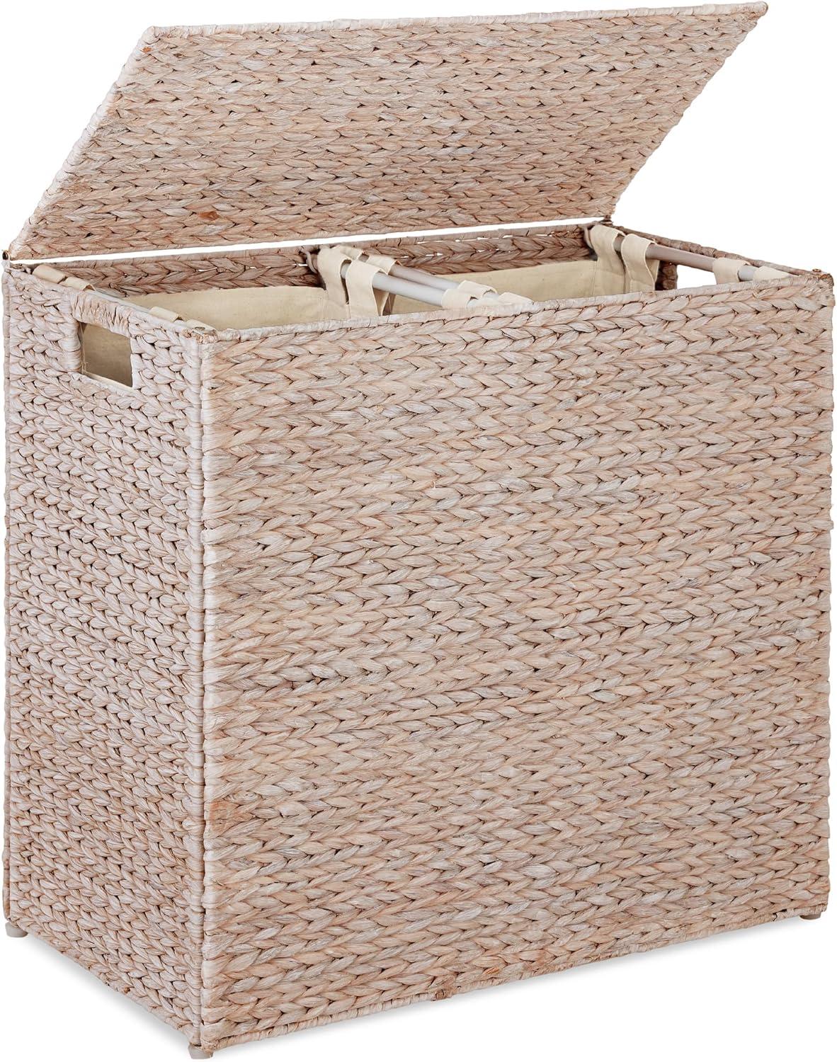 Best Choice Products Large Natural Water Hyacinth Double Laundry Hamper Basket w/ 2 Liner Bags, Handles - White