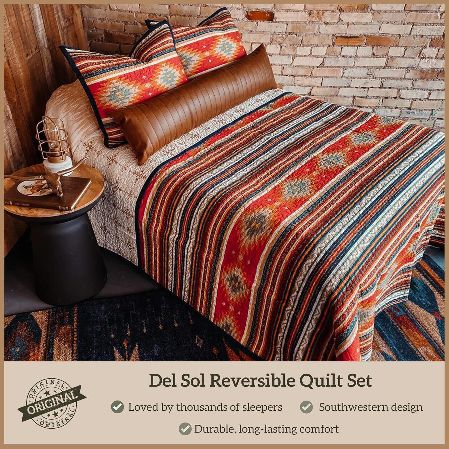 Paseo Road by HiEnd Accents Del Sol Red/Orange/Tan Aztec Print Cotton Southwestern Style Reversible Quilt Set