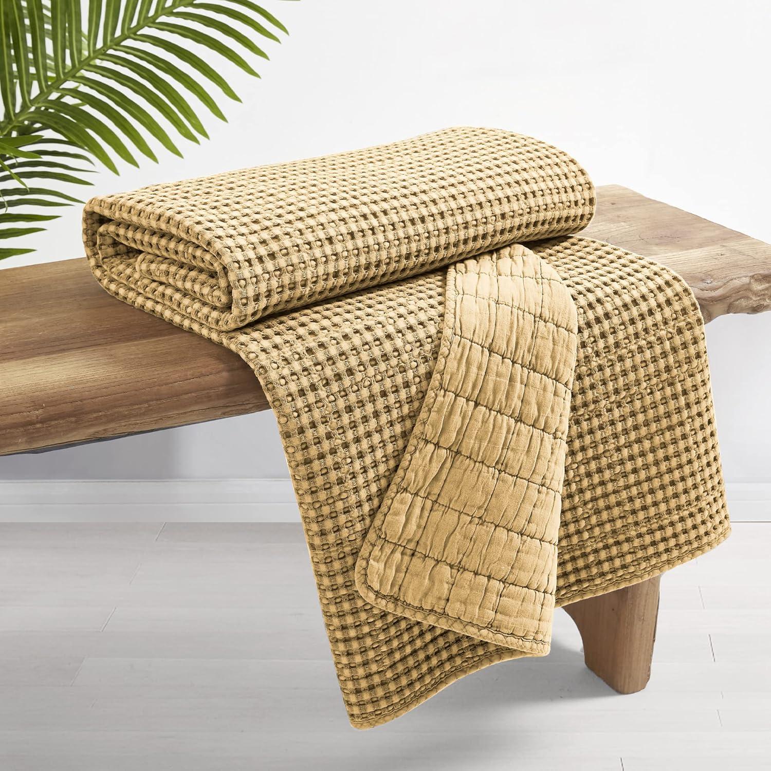 Ochre Cotton Sherpa Reversible Waffle Throw 50 x 60in