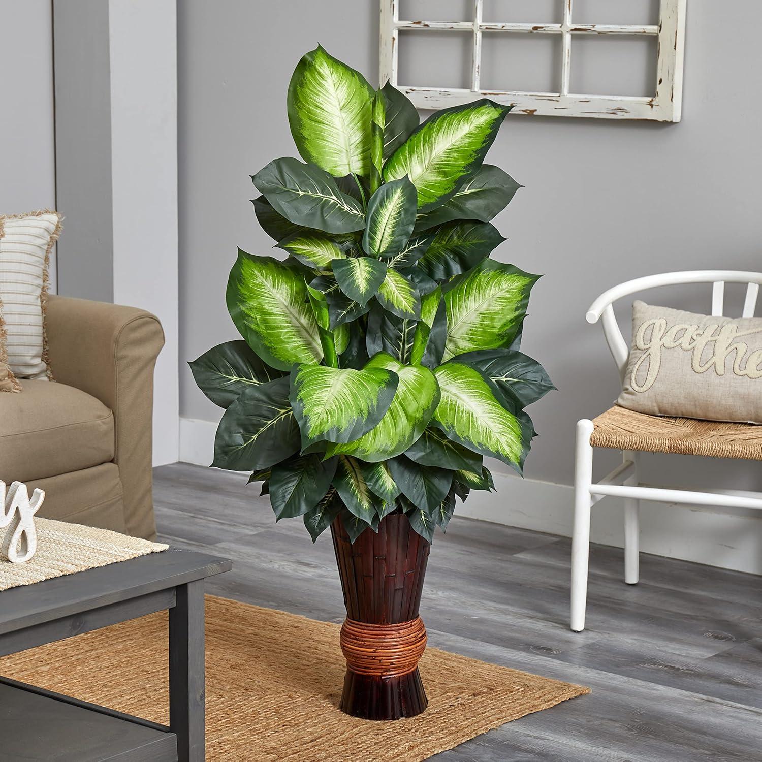 Nearly Natural Golden Dieffenbachia with Bamboo Planter