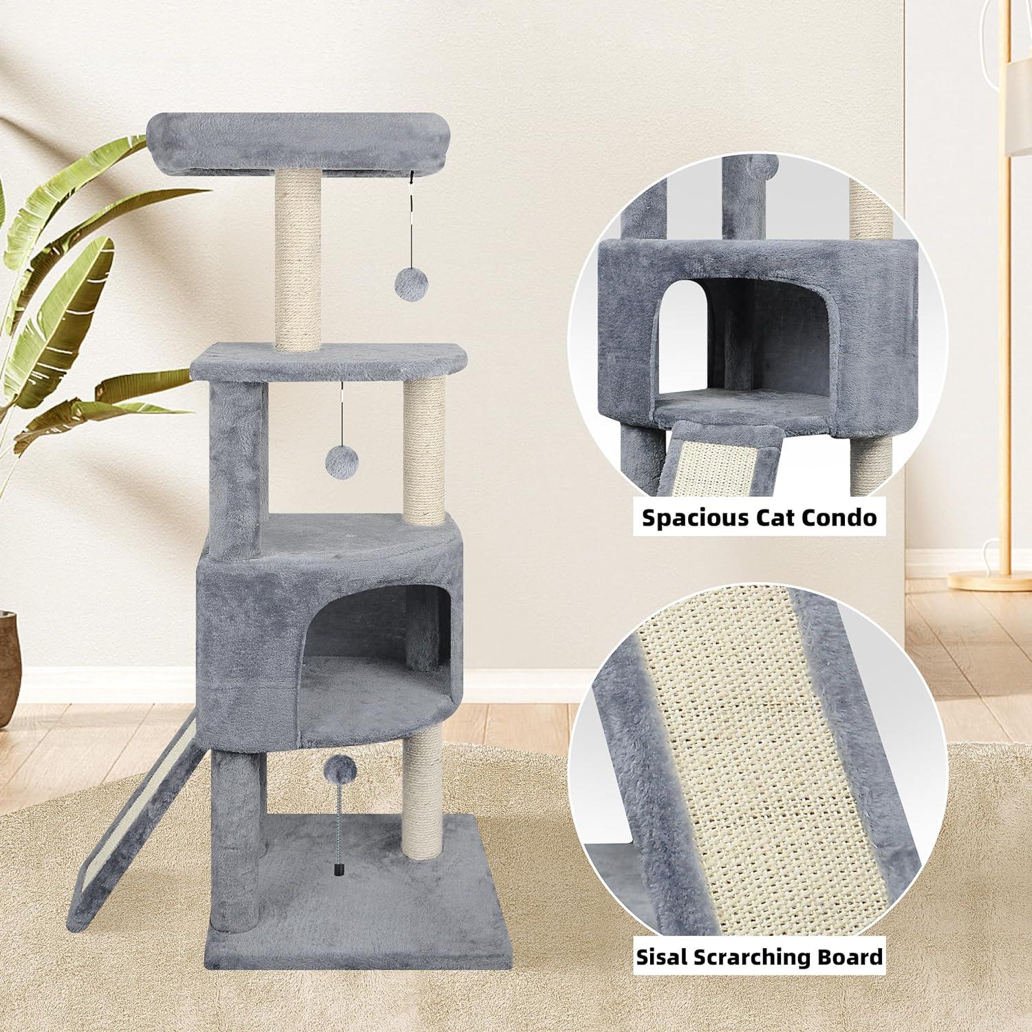 45" Gray Cat Tree Tower with Condo and Scratching Post