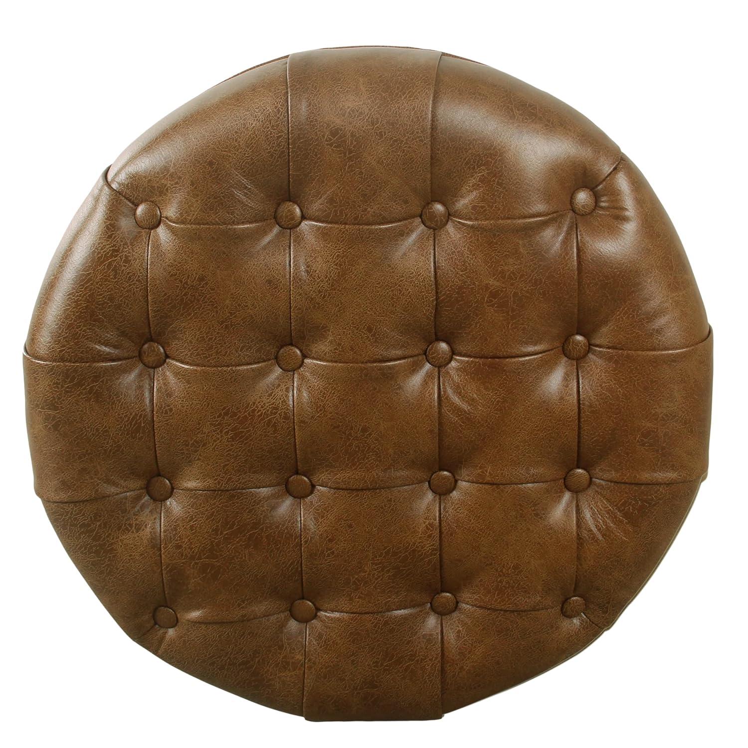 Large Tufted Round Storage Ottoman Faux Leather Distressed Brown - HomePop