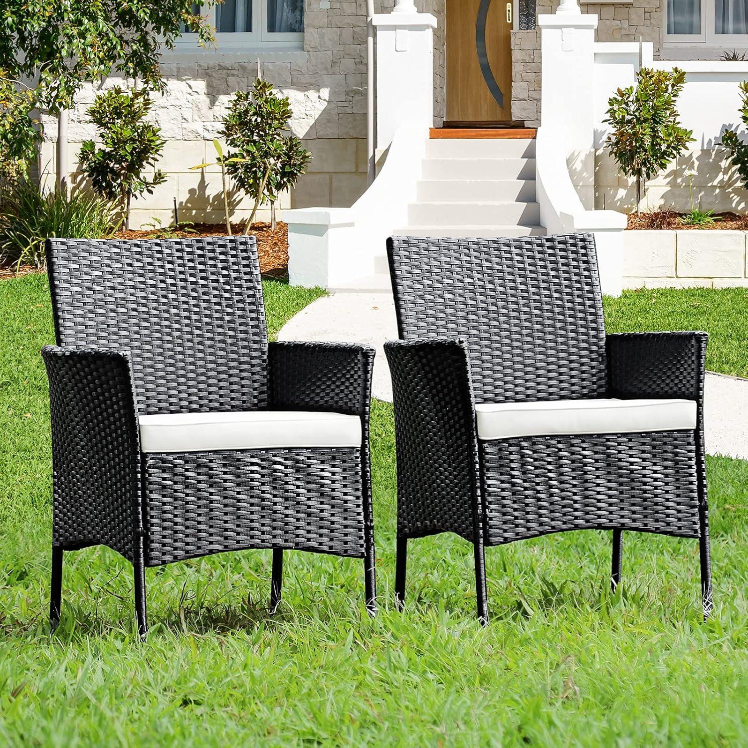 HMTtie Patio Dining Chairs Set of 2, Indoor Outdoor Wicker Armchairs with Cane Back, Soft Cushions, 2 Pack PE Woven Rattan Kitchen & Dining Room Chairs, 360LBS Weight Capacity (2, Black+Beige)