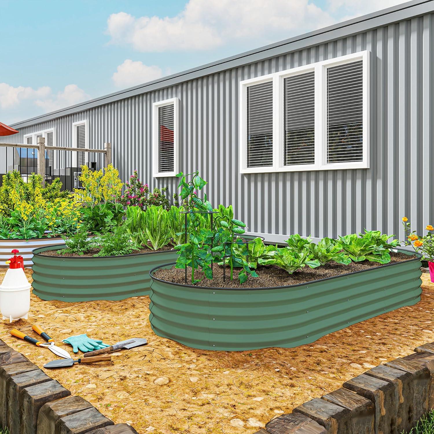 Outsunny 2PCS Galvanized Raised Garden Bed, 7' x 3' x 1' Raised Beds for Gardening with Metal Plant Stakes, Green