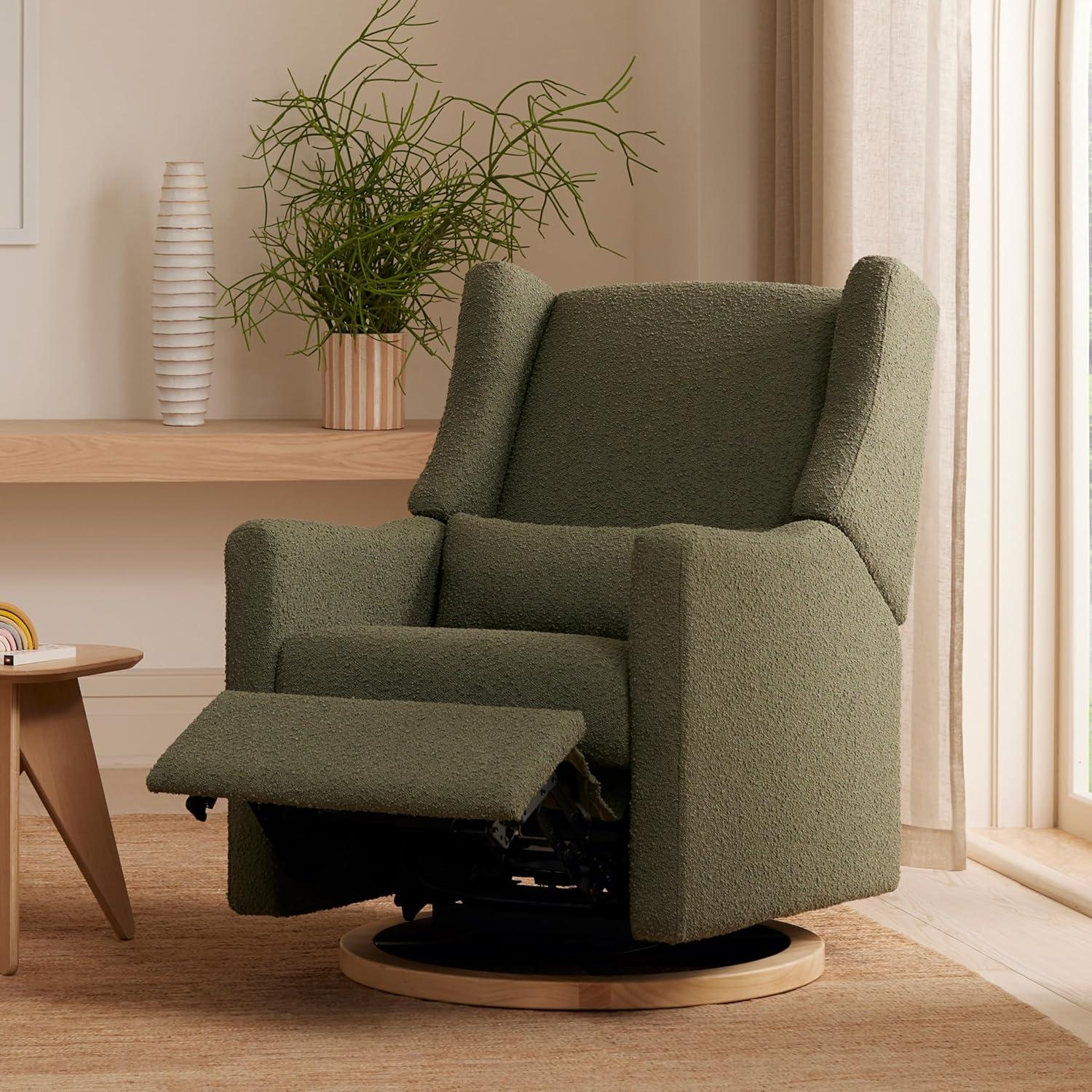 Babyletto Kiwi Olive Green Boucle Nursery Power Glider Recliner Chair with Light Wood Base