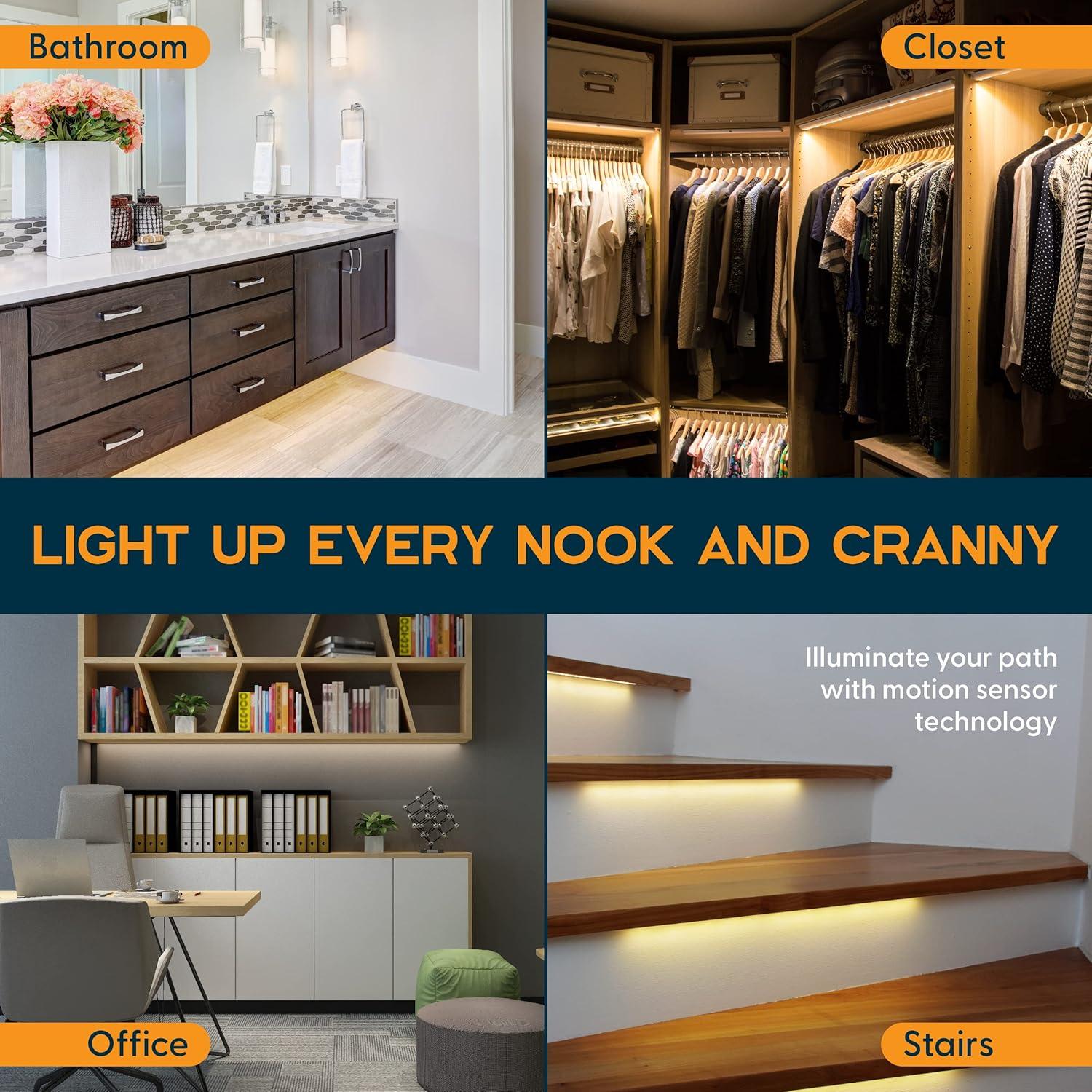 Power Practical Under Cabinet LED Light Kit for Kitchen - 3 Lighting Strips, Power Supply, Motion Sensor, Mounting Brackets for Lights, Manual