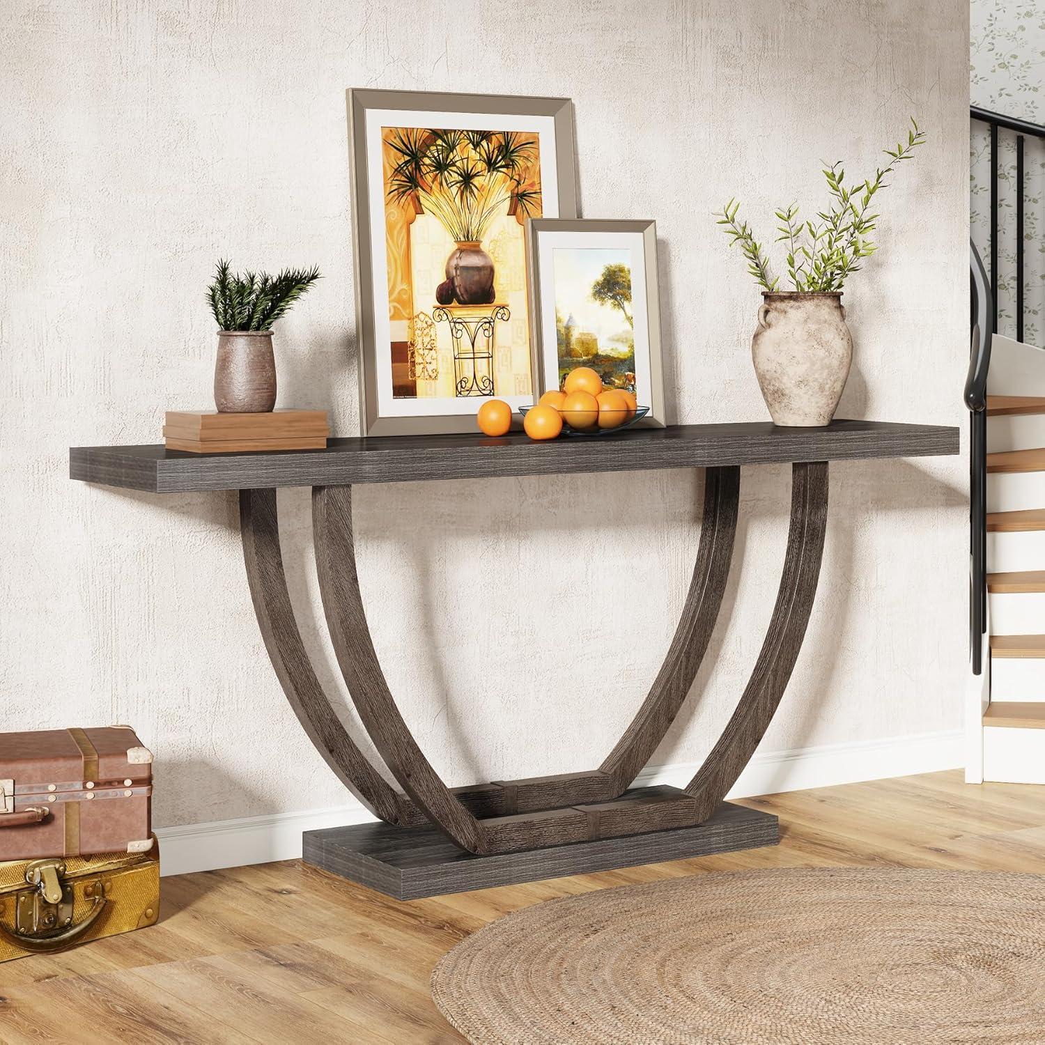 Resenkos Entryway Table, Console Sofa Table,63" Farmhouse Console Table, 2-Tier Entryway Sofa Table Gray