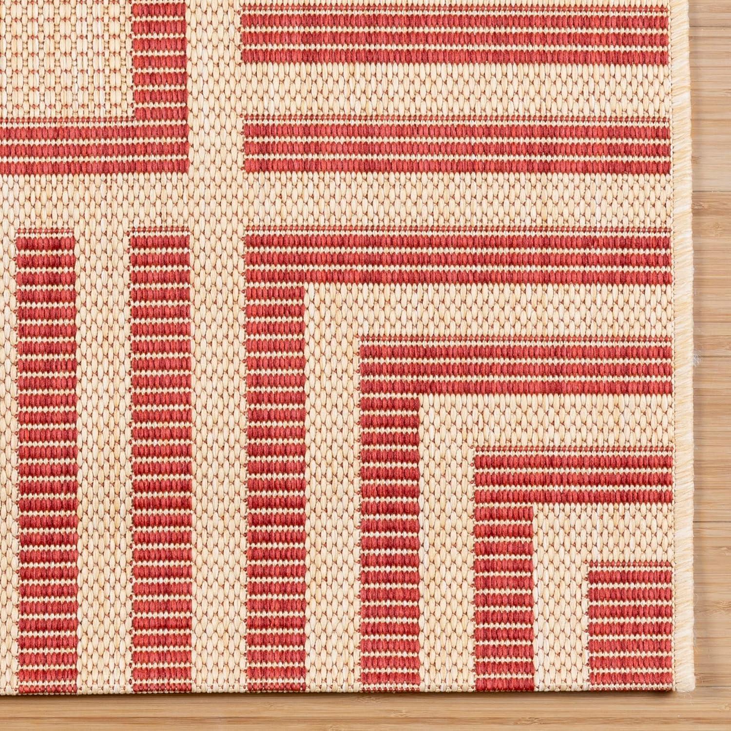 Paseo Kiano Modern Stripe Border Red Beige Polypropylene Flatweave Indoor/ Outdoor Area Rug