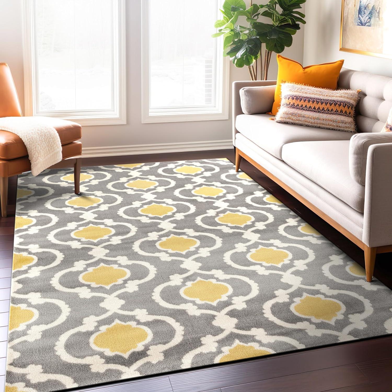 Contemporary Moroccan Trellis 6'6" x 9' Gray and Yellow Area Rug