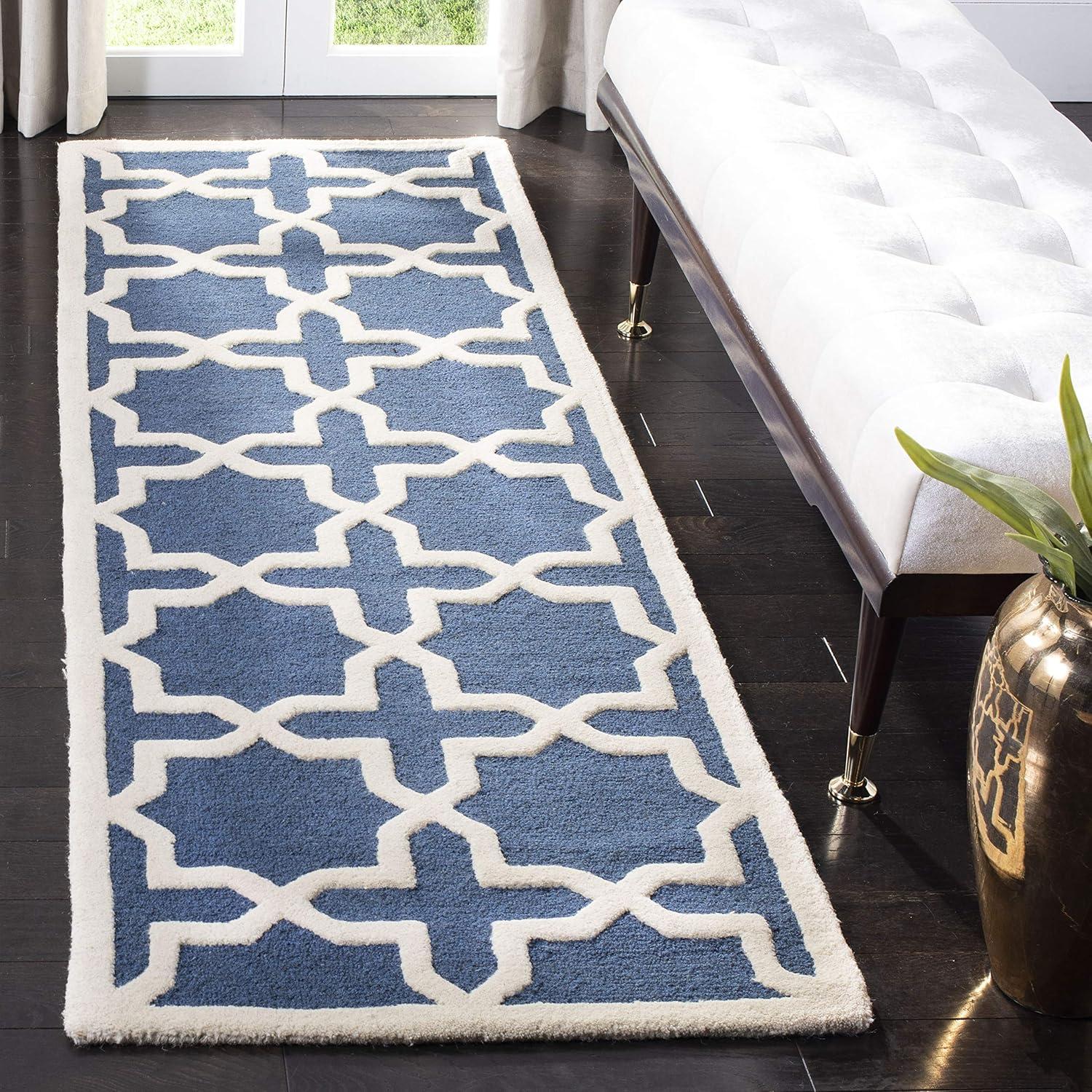 Navy Blue and Ivory Hand-Tufted Wool Runner Rug