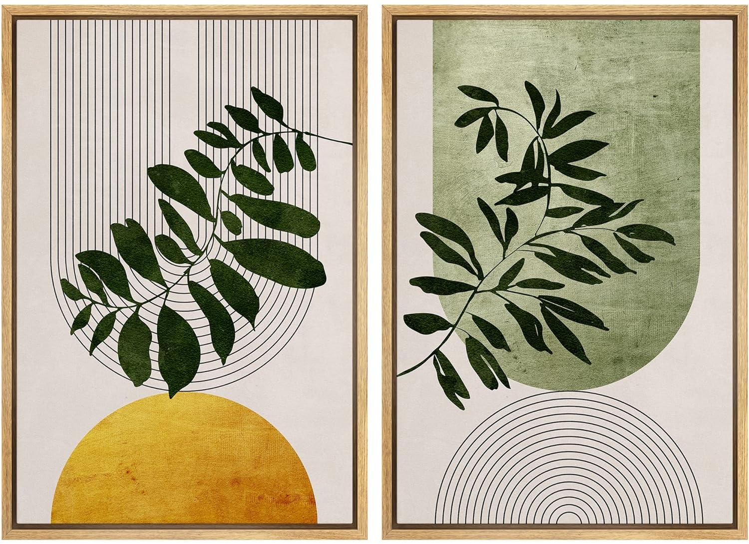 Mid Century Modern Boho Green Yellow Bright Plant Art Framed Canvas 2 Pieces Print  Wall Art Set